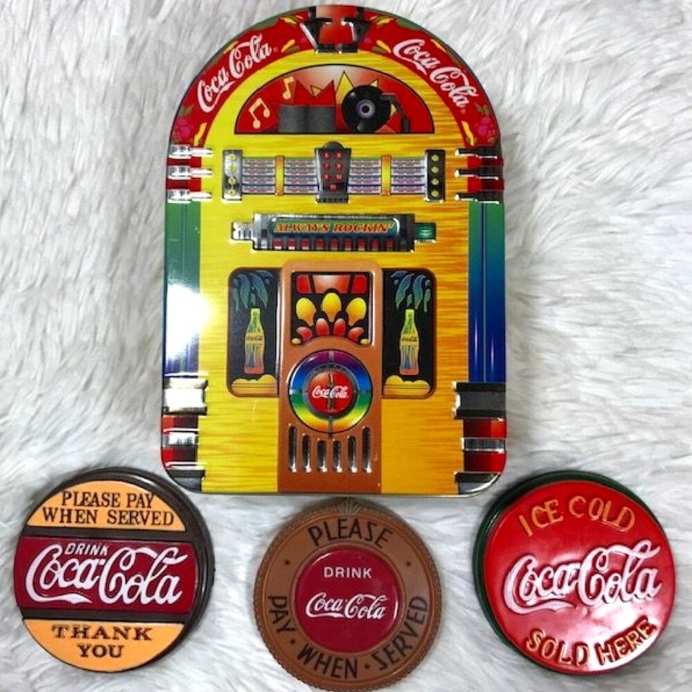 Set of 4 Vintage Coca-Cola Jukebox Tin + Jumbo Rubber/Plastic Sign Magnets